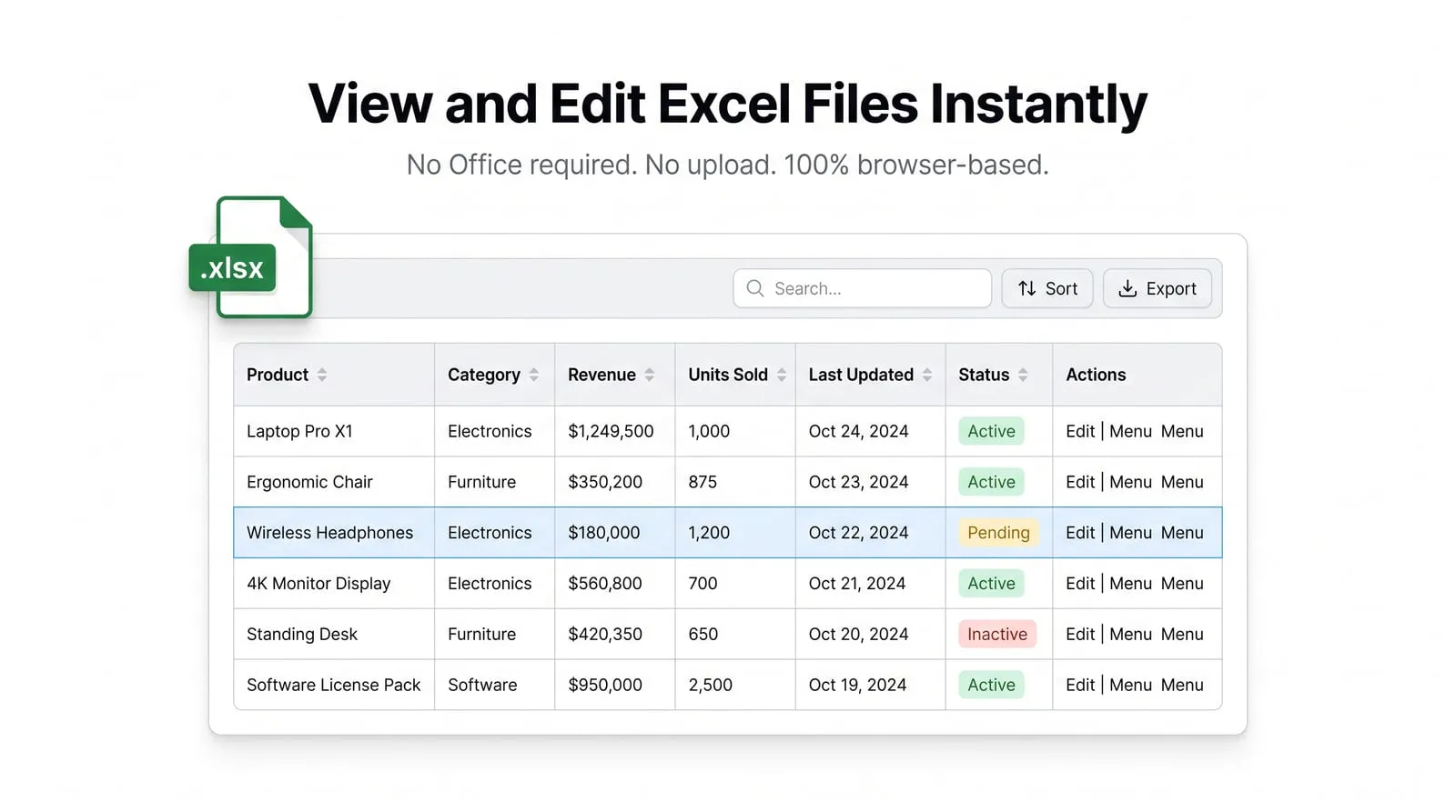 Free Online Excel Viewer & Editor — No Office, No Upload