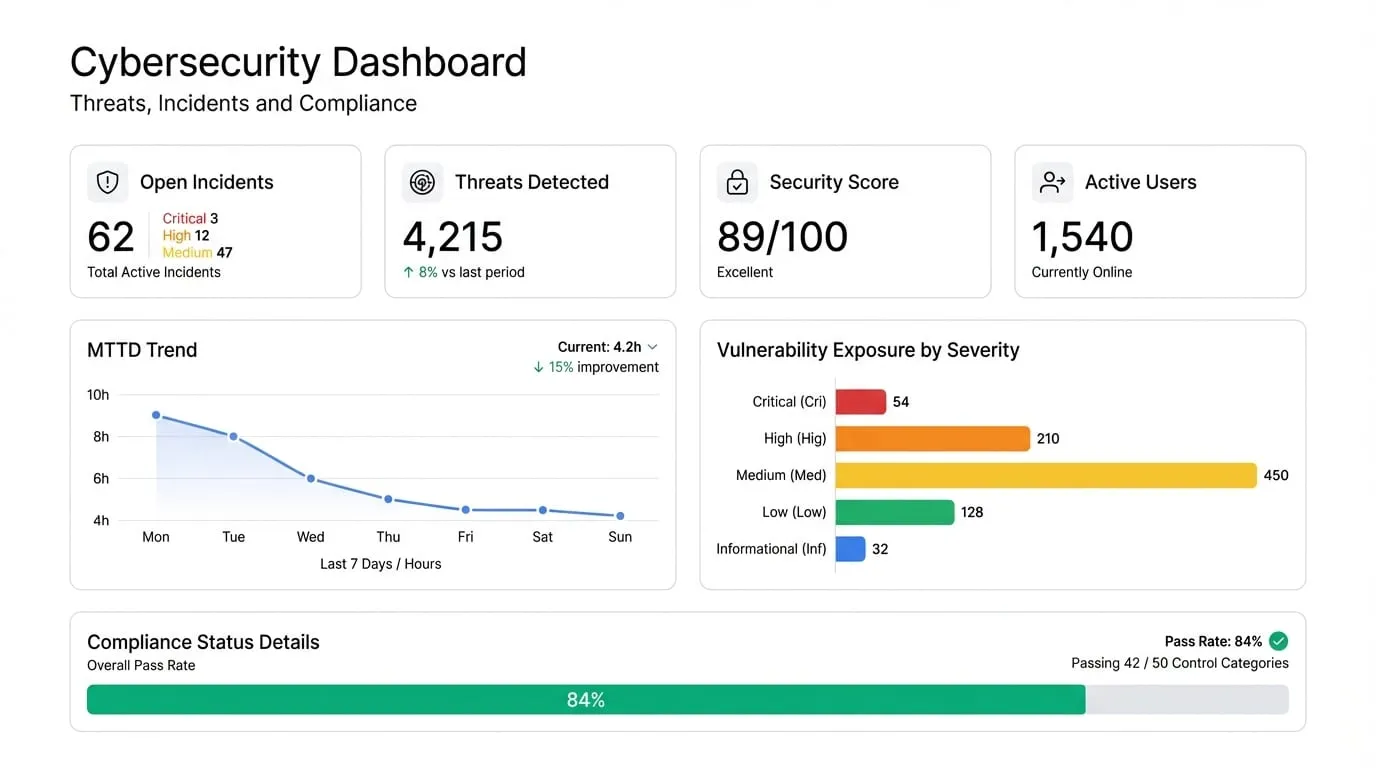 Cybersecurity Dashboard: Monitor Threats, Incidents, and Compliance in One View